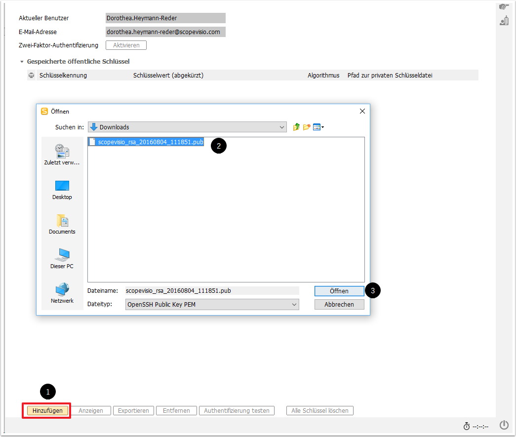 Öffentlichen Schlüssel in Scopevisio eintragen