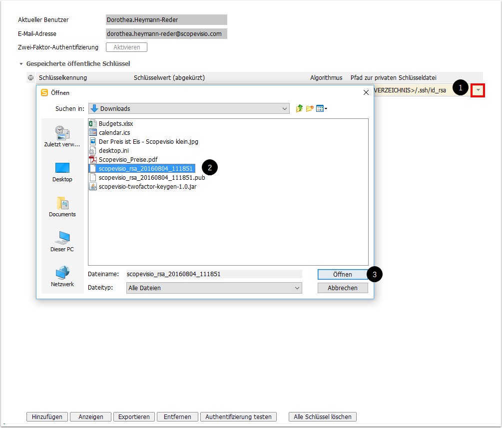 Privaten Schlüssel in Scopevisio eintragen