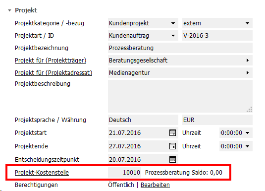 Automatisch vergebene Projektkostenstelle