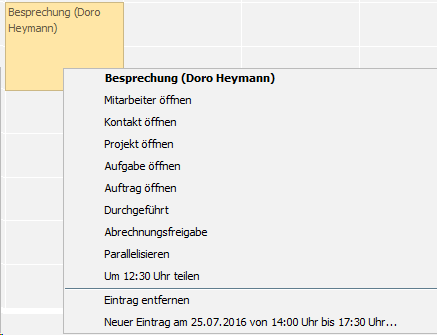 Kontextmenü für Zeiteinträge