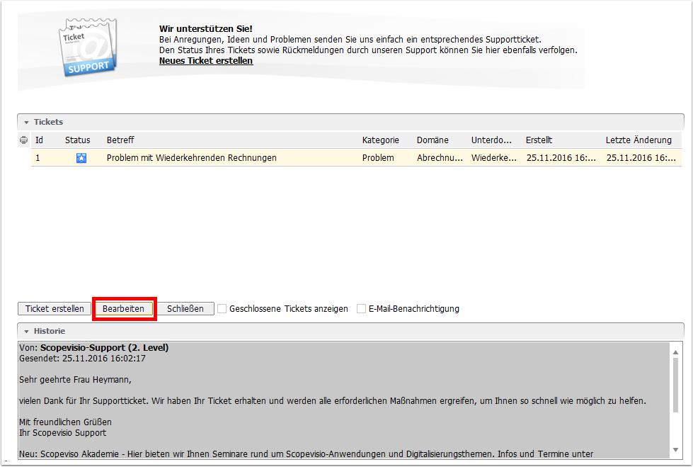Supportticket bearbeiten