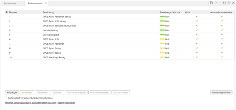 Kontoauszugsregeln - Übersicht